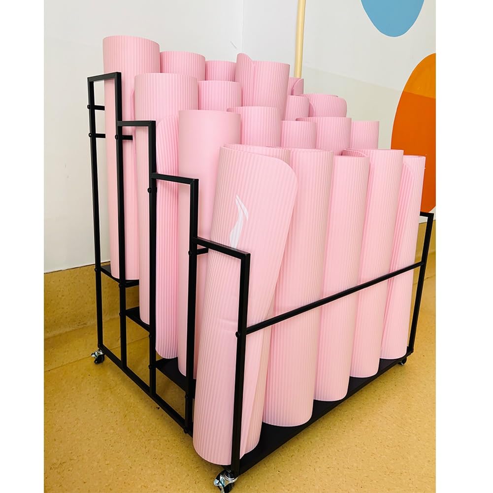 Yoga Mat Holder Basket, Large Yoga Mat Storage Cart with Wheels, Yoga Mat Rack Foam Rollers Organizer, Commercial Rack for Yoga Mat Foam Roller Storage for Gym/Yoga Studio Hold 30 Exercise Mats(Black,
