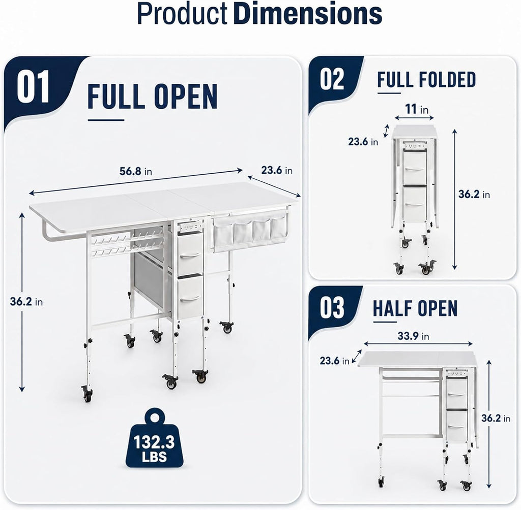 Furnaza 56.7" Foldable Wheeled Sewing Craft Table with Charging Station