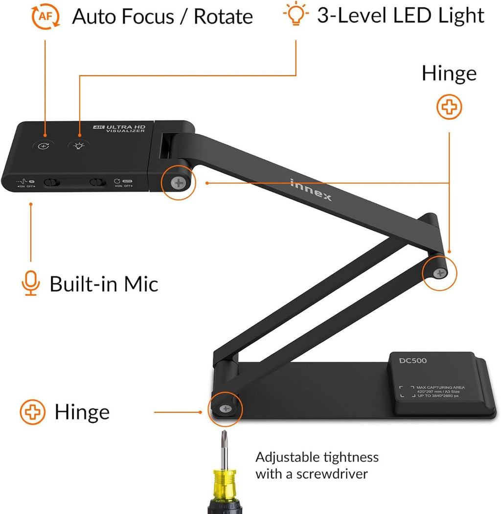 Innex DC500 16MP 4K USB Document Camera, Webcam & Scanner, 3-in-1