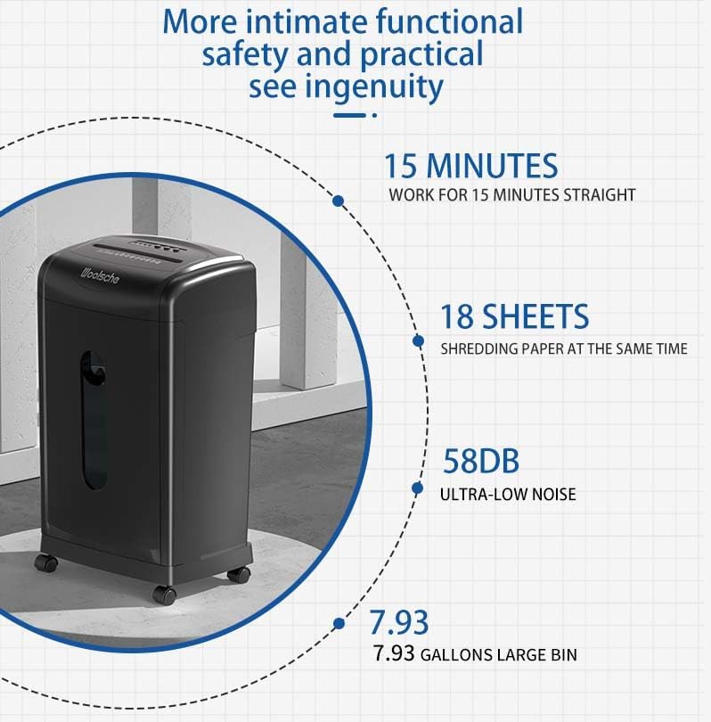 Heavy Duty Document Shredder, 19-Sheet Cross-Cut Paper & Credit Card Shredder with 7.93 Gallon Pullout Bin, 4 Casters, 15-Minute Continuous Run, P-4 Security Level for Home Office, Black