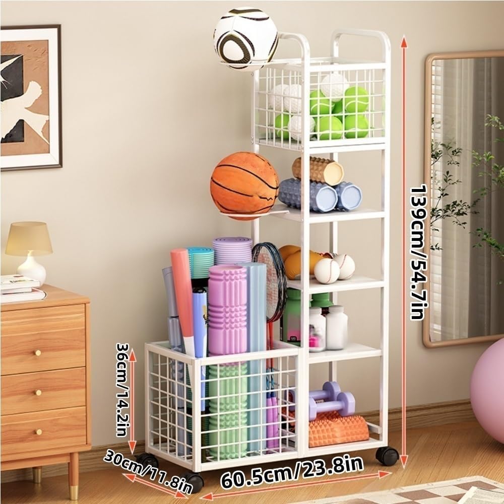 Yoga Mat Storage Basket, Dumbbell Storage Rack with Metal Frame, Equipment Rack with Universal Wheels, Multi-layer Storage Cart for Gym, Living Room