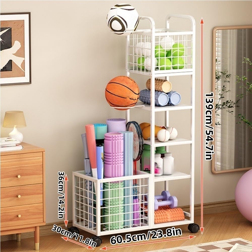 Yoga Mat Storage Basket, Dumbbell Storage Rack with Metal Frame, Equipment Rack with Universal Wheels, Multi-layer Storage Cart for Gym, Living Room