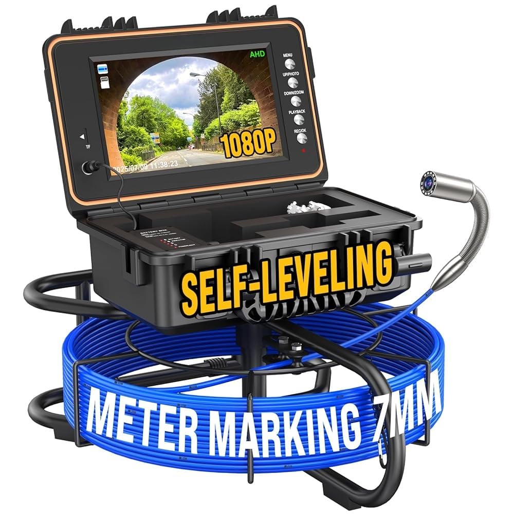Powerwill Drain Camera with Self-Leveling, 165 ft / 50 m Sewer Pipe Inspection System, 9-Inch 1080P IPS Monitor, IP68-Rated Camera Head, 5 mm Push Cable with Meter Marking, DVR, 5X Zoom, 32GB Card