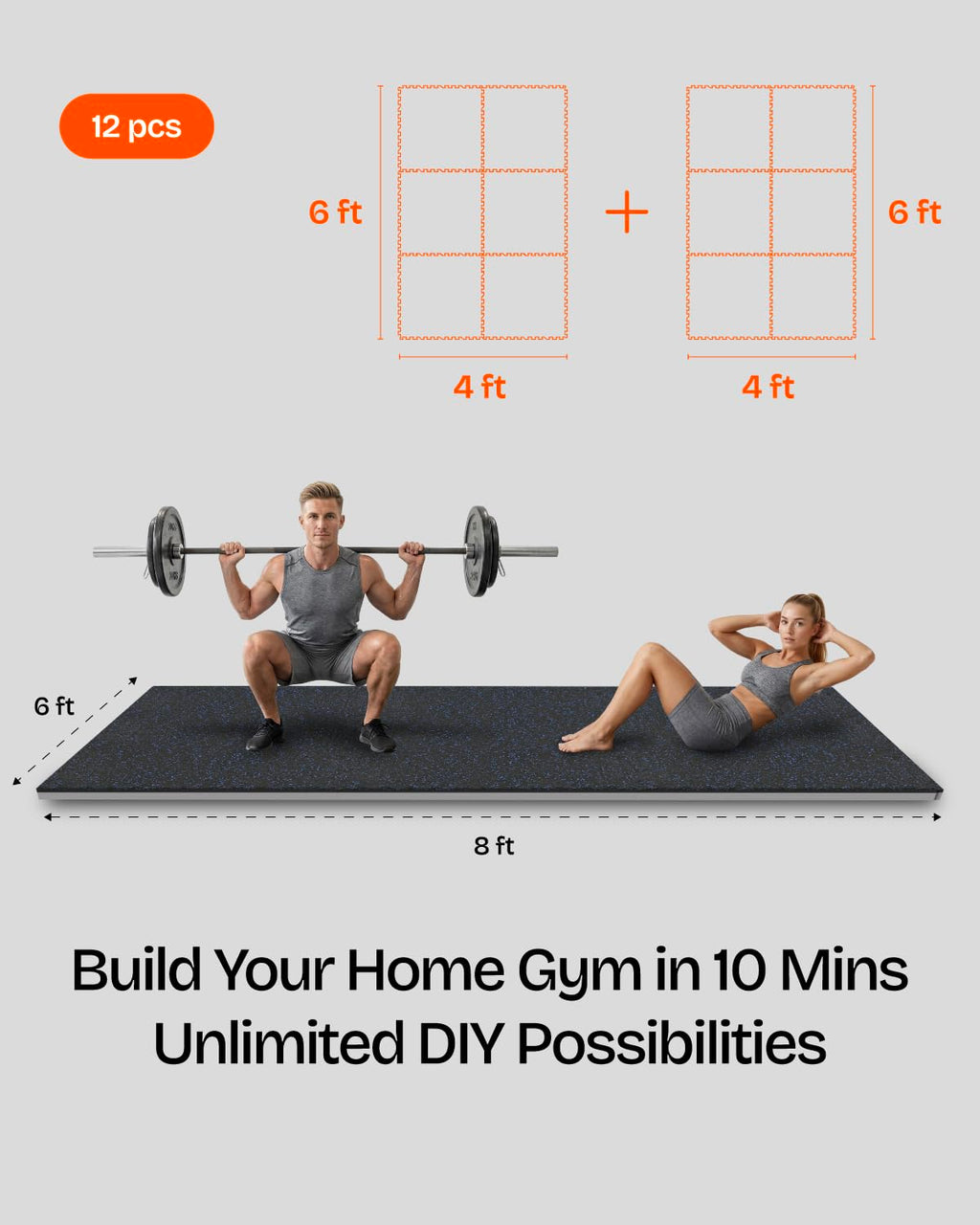 1'' Thick 48 Sq Ft Protective Gym Flooring for Home Gym, 12 Tiles Extra-Thick Rubber Top with High Density EVA Foam, Interlocking Exercise Equipment Mats, Heavy Weight Workout, Black & White