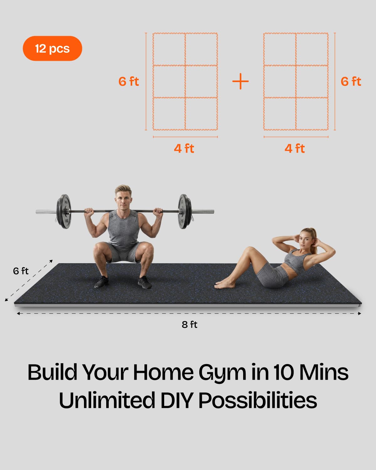 1'' Thick 48 Sq Ft Protective Gym Flooring for Home Gym, 12 Tiles Extra-Thick Rubber Top with High Density EVA Foam, Interlocking Exercise Equipment Mats, Heavy Weight Workout, Black & White