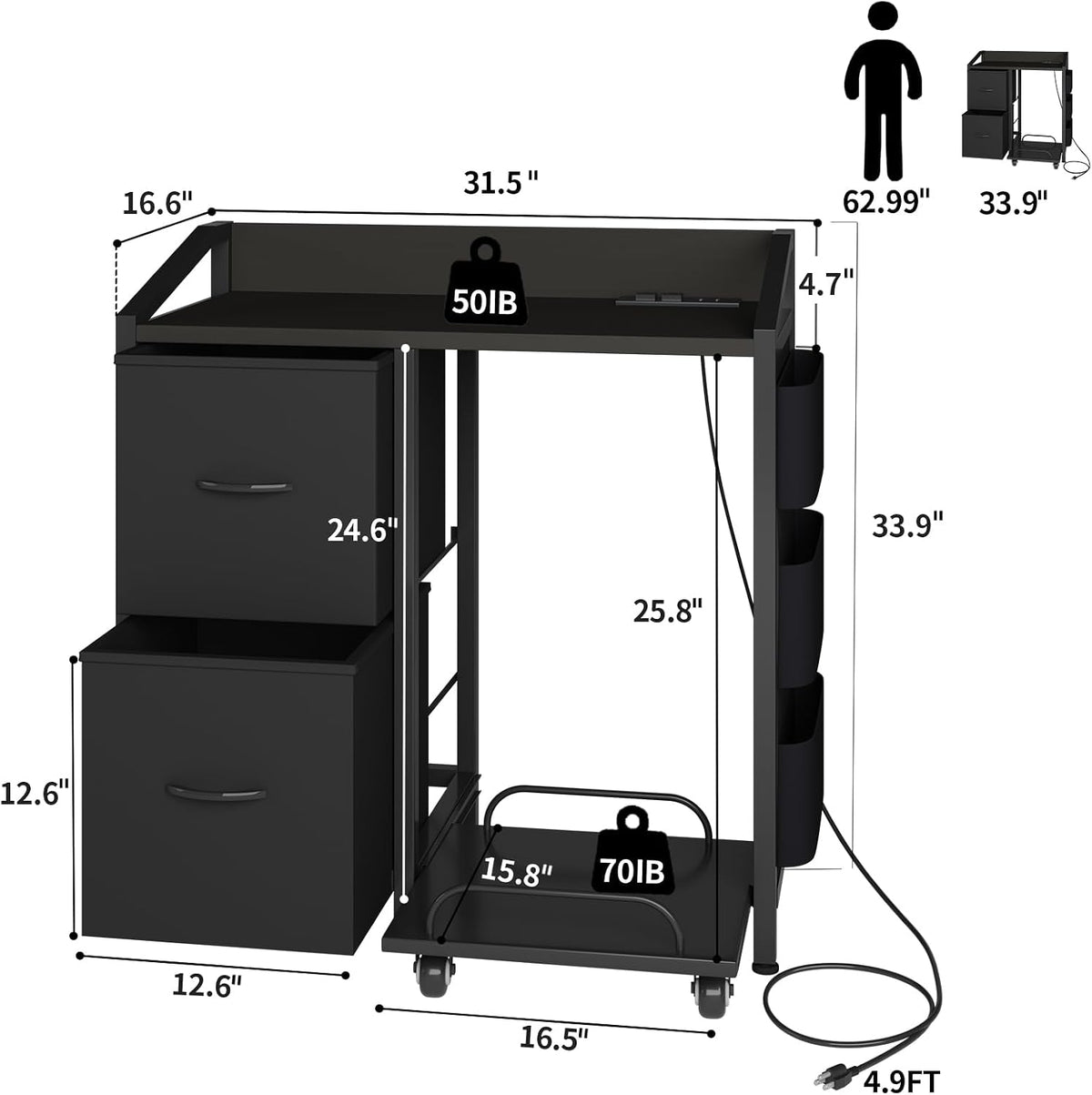 Printer Stand with Storage, Lateral Office Filing Cabinets with Power outlets & USB Charging Port, File Cabinet with Large Printer Stands for Home Office, Shredder Stand Rack (Black)