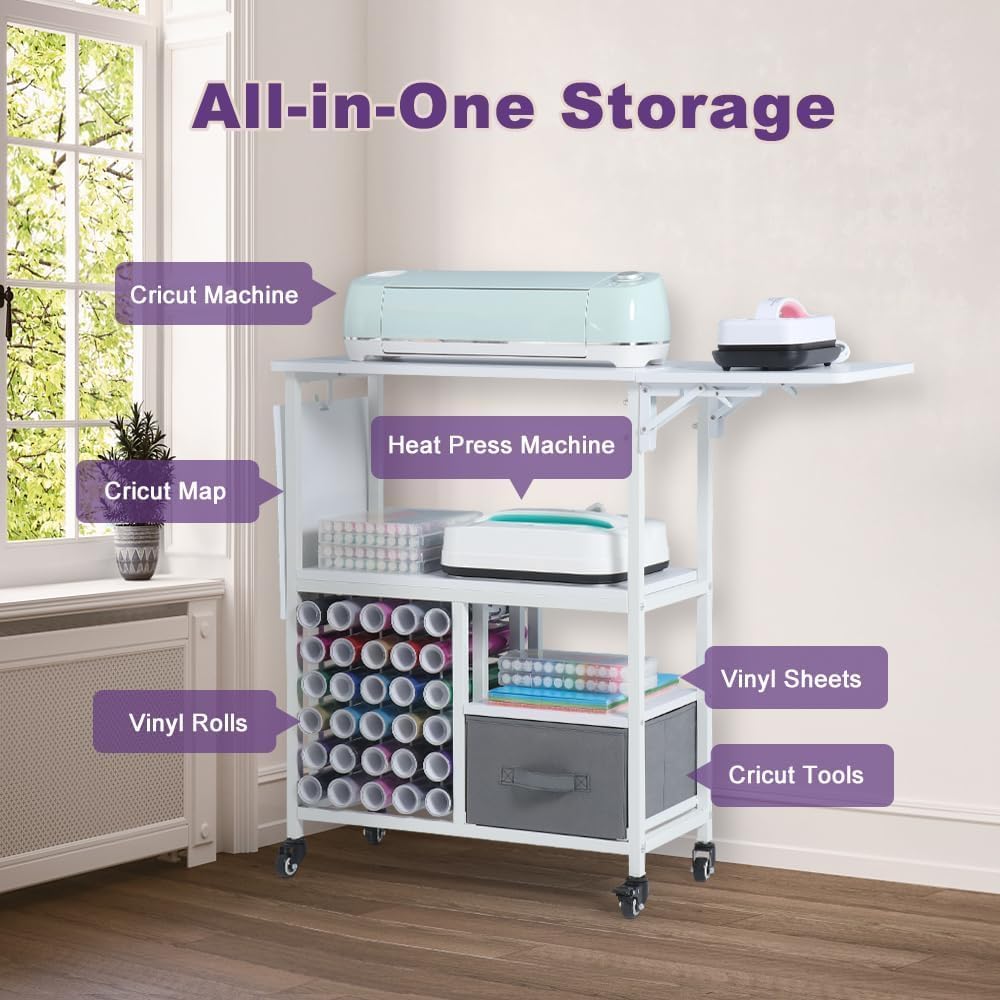 Kokorona Rolling Craft Cart with Storage Drawers & Folding Shelves, Mobile Craft Table Organizer, Holds 30 Vinyl Roll Holders and Scrapbooking Supplies, Craft Storage Cart for Craft Room