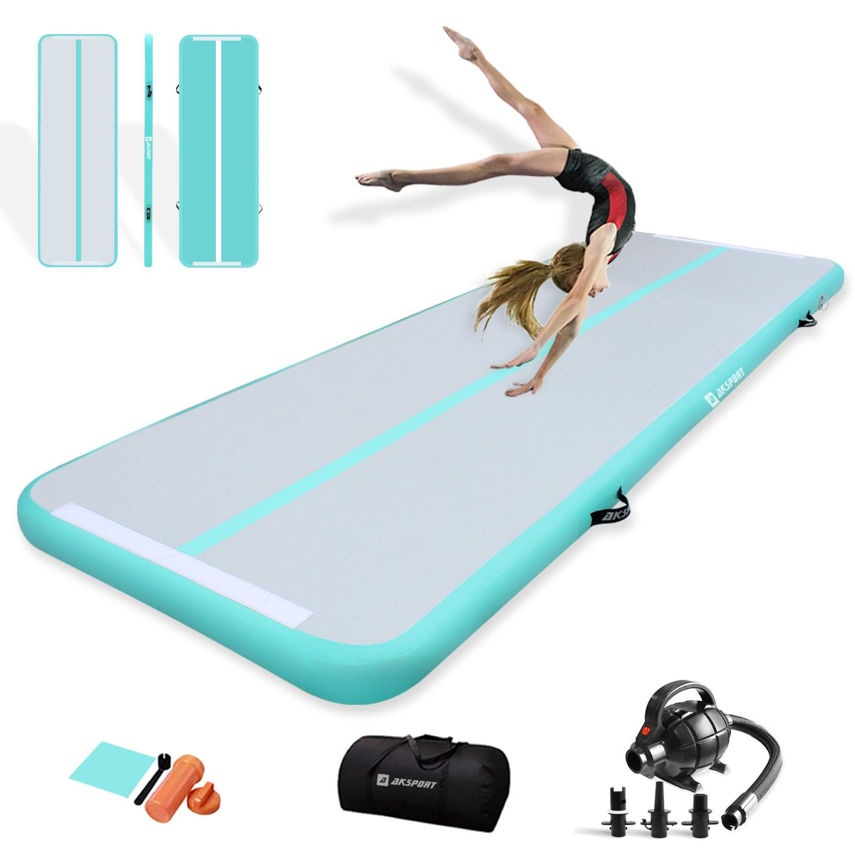 AKSPORT Gymnastics Air Mat Tumble Track Tumbling Mat Inflatable Floor Mats with Air Pump for Home Use/Tumble/Gym/Training/Cheerleading/Parkour/Beach/Park/Water