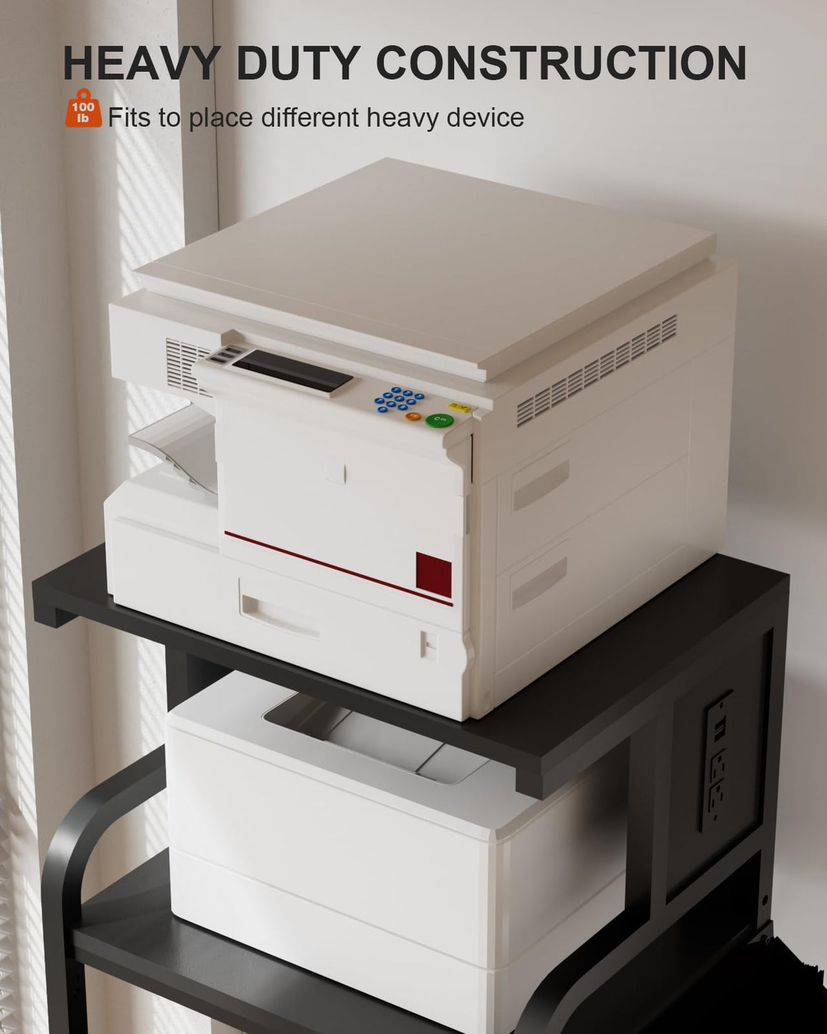 Tall Printer Stand with Charging Station, 4-Tier Mobile Cart, White