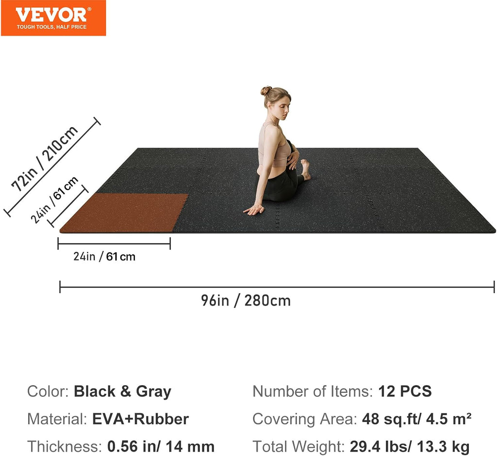 VEVOR 0.56Inch 48sq.ft 12 Tiles Gym Flooring for Home Gym, Rubber Top with High Density EVA Foam, 25 x 25In Gym Floor Exercise Equipment Mats, Interlocking Gym Mats, Puzzle Workout Mats, Black & Gray