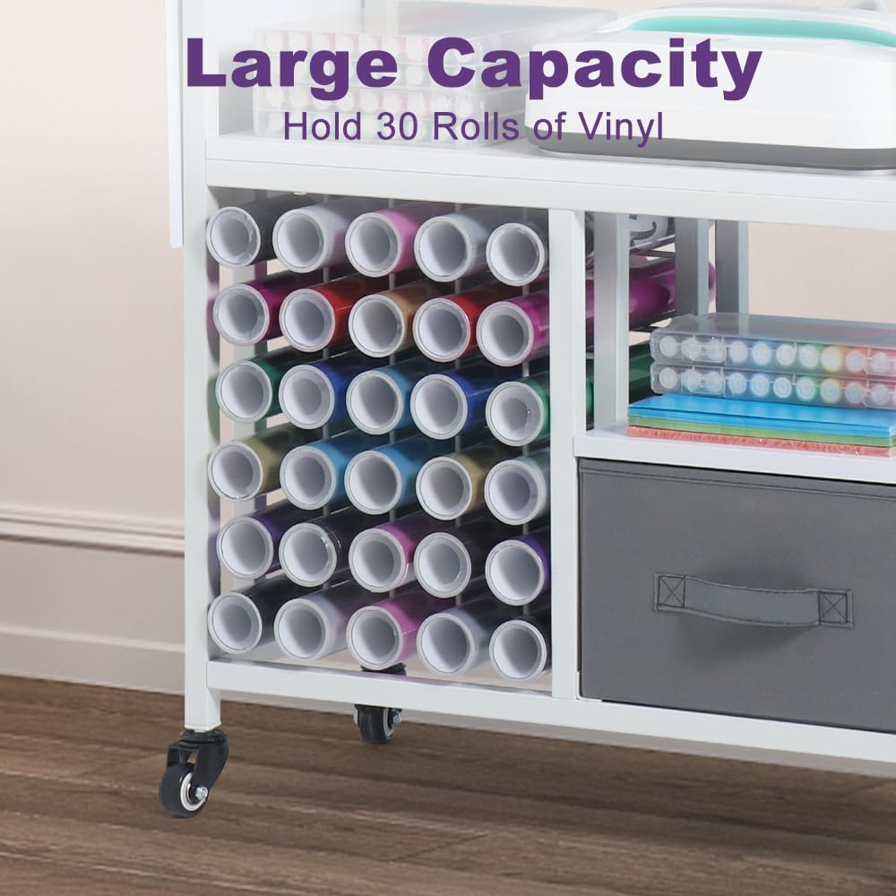 Kokorona Rolling Craft Cart with Storage Drawers & Folding Shelves, Mobile Craft Table Organizer, Holds 30 Vinyl Roll Holders and Scrapbooking Supplies, Craft Storage Cart for Craft Room
