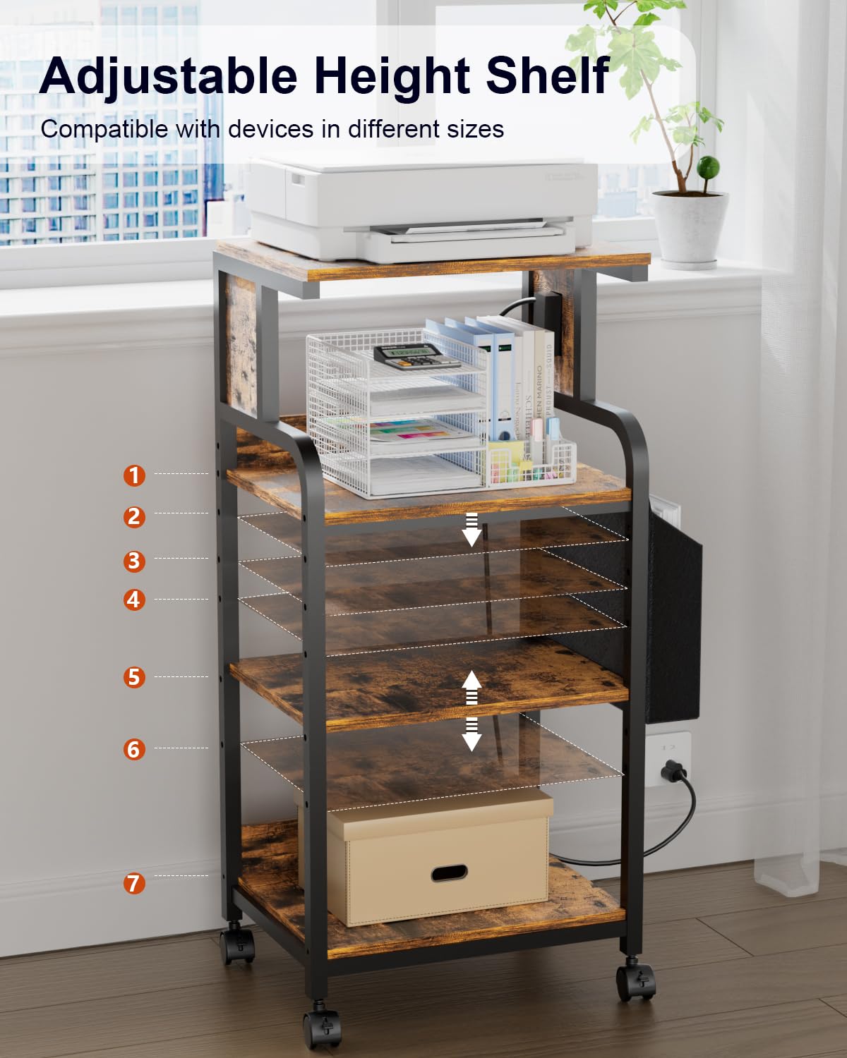 Tall Printer Stand with Charging Station, 4-Tier Mobile Cart, White
