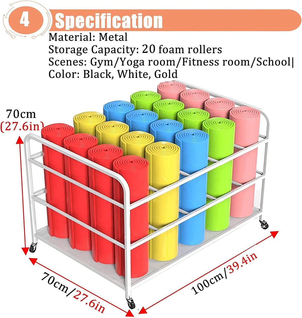 Large Yoga Mat Storage Cart with Wheels, Floor Metal Yoga Mat Holder Basket, Gym Foam Rollers Organizer, for Gym/Yoga Studio Hold 20 Exercise Mats