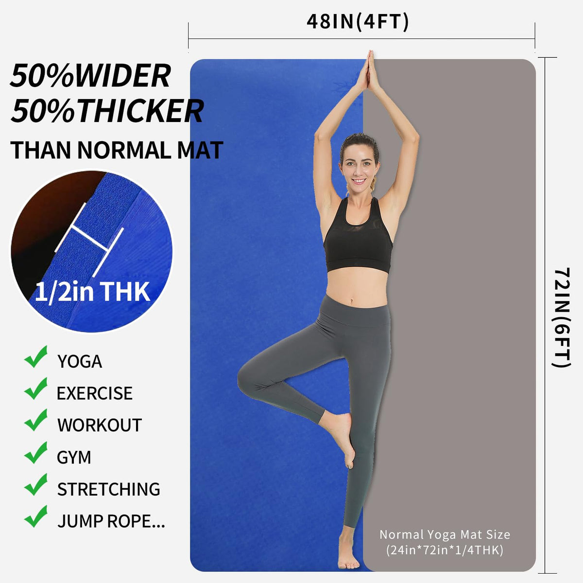 Hatha Yoga Large TPE Yoga Mat 6'x4'x1/2" Extra Thick Non-Slip Exercise Mat - for Yoga Pilates & Home Gym Workouts