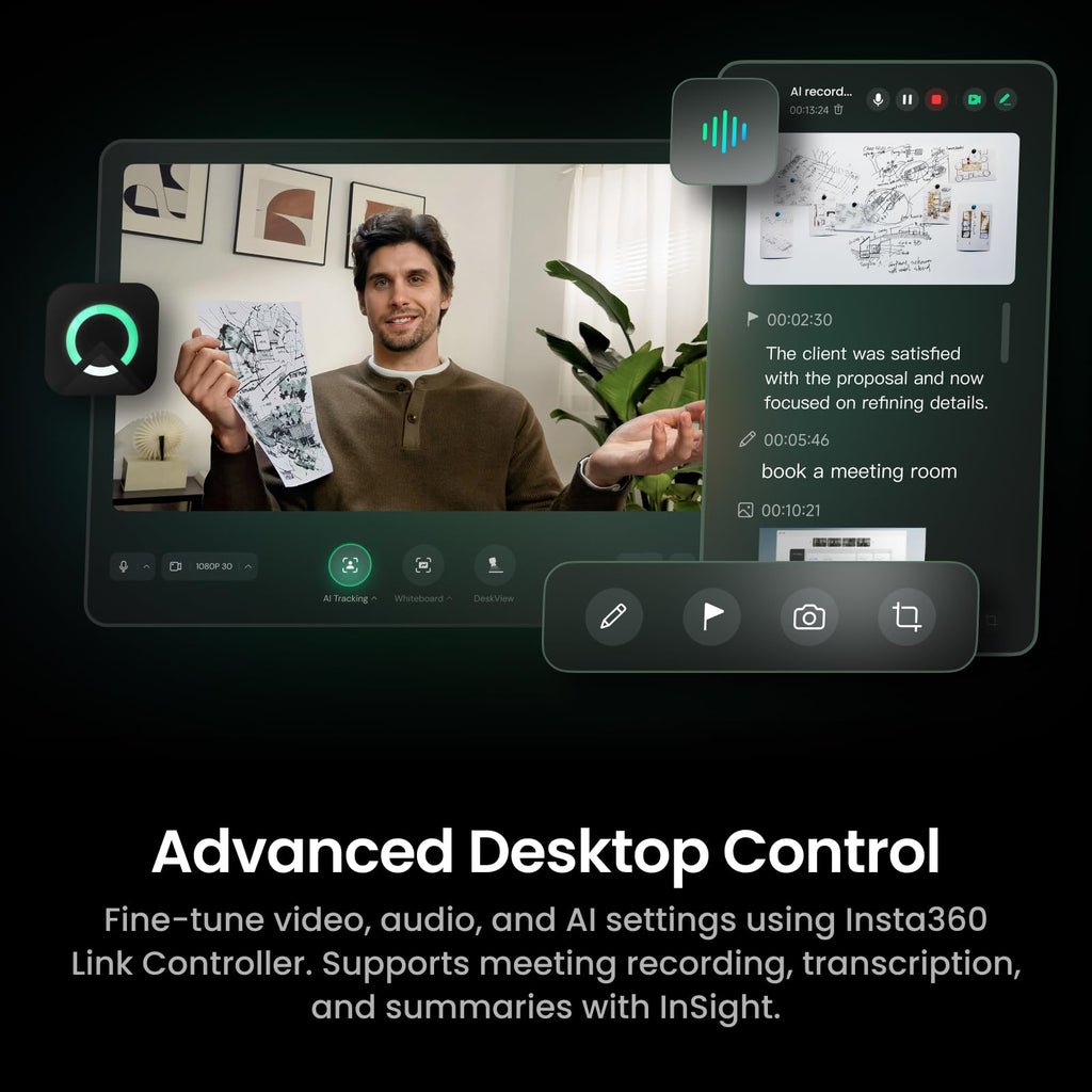 Insta360 Link 2 Pro â 4K PTZ Webcam for PC/Mac, 1/1.3â Sensor, Low-Light, AI Tracking, HDR, Directional Noise-Canceling Mics, Supports Stream Deck, Zoom, Teams, Twitch for Streaming or Meetings