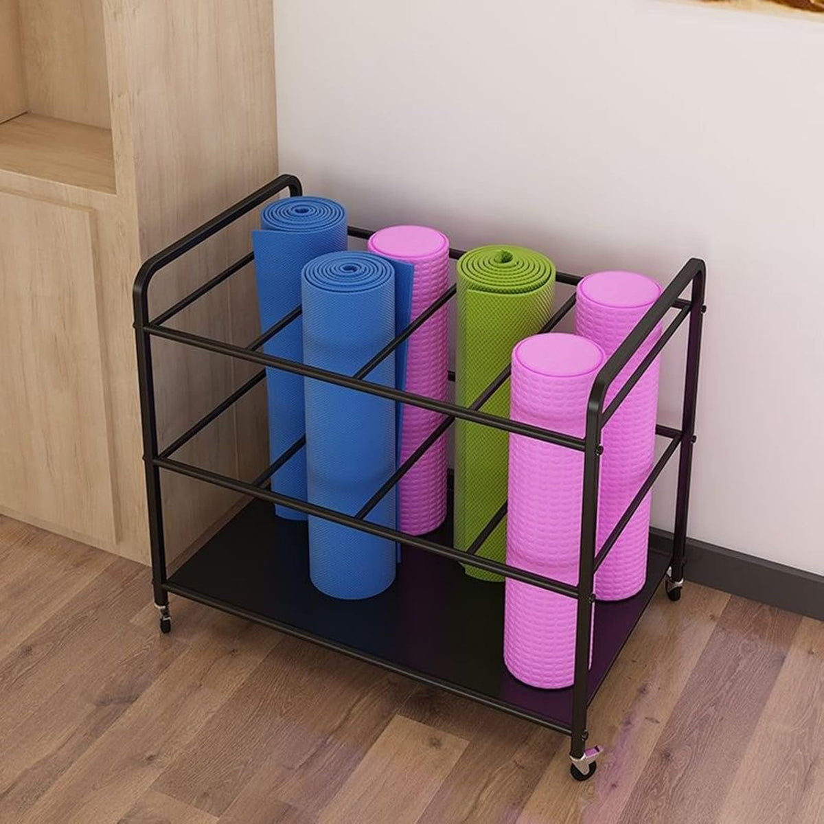 Home Gym Yoga Mat Rack - Rolling Foam Roller Storage Cart with Lockable Wheels, Metal Stand for Exercise Mats & Runner Rugs, Black, 31.5"X19.6"X27.5",Black,31.5x19.6x27.5in