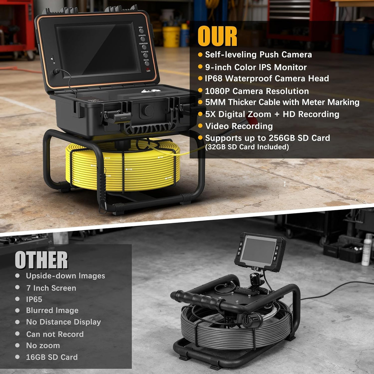 Powerwill Drain Camera with Self-Leveling, 165 ft / 50 m Sewer Pipe Inspection System, 9-Inch 1080P IPS Monitor, IP68-Rated Camera Head, 5 mm Push Cable with Meter Marking, DVR, 5X Zoom, 32GB Card