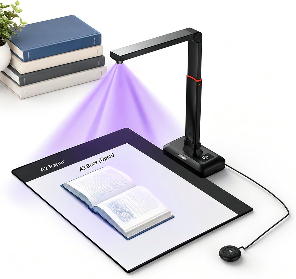 Book Scanner & Document Scanner, 26 MP Super Large Format A3-A2 Document Camera with Auto-Flatten & Fingerprint Removal, 600 DPI OCR, AI-Powered Gemini Integration, Lightweight Foldable, for Win/Mac