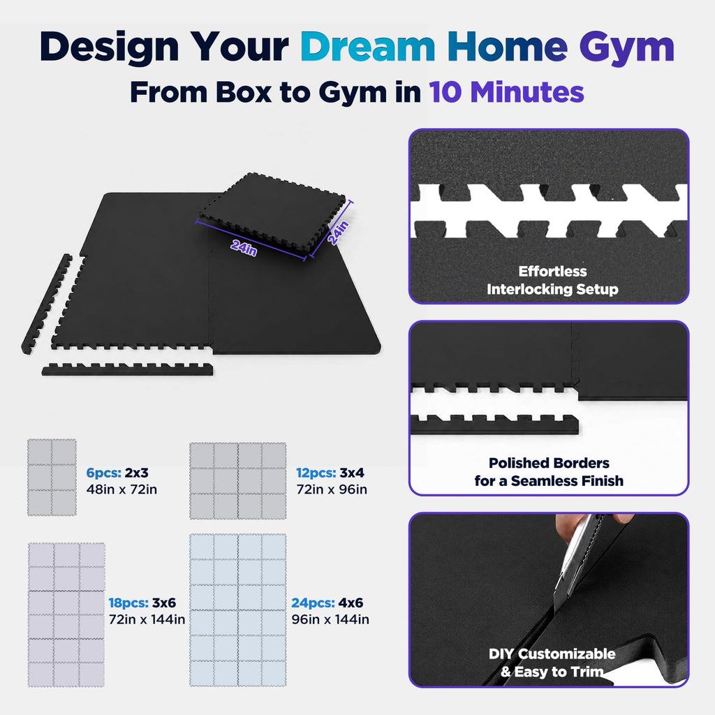 1'' Thick 48 Sq Ft Protective Gym Flooring for Home Gym, 12 Tiles Extra-Thick Rubber Top with High Density EVA Foam, Interlocking Exercise Equipment Mats, Heavy Weight Workout, Black & White