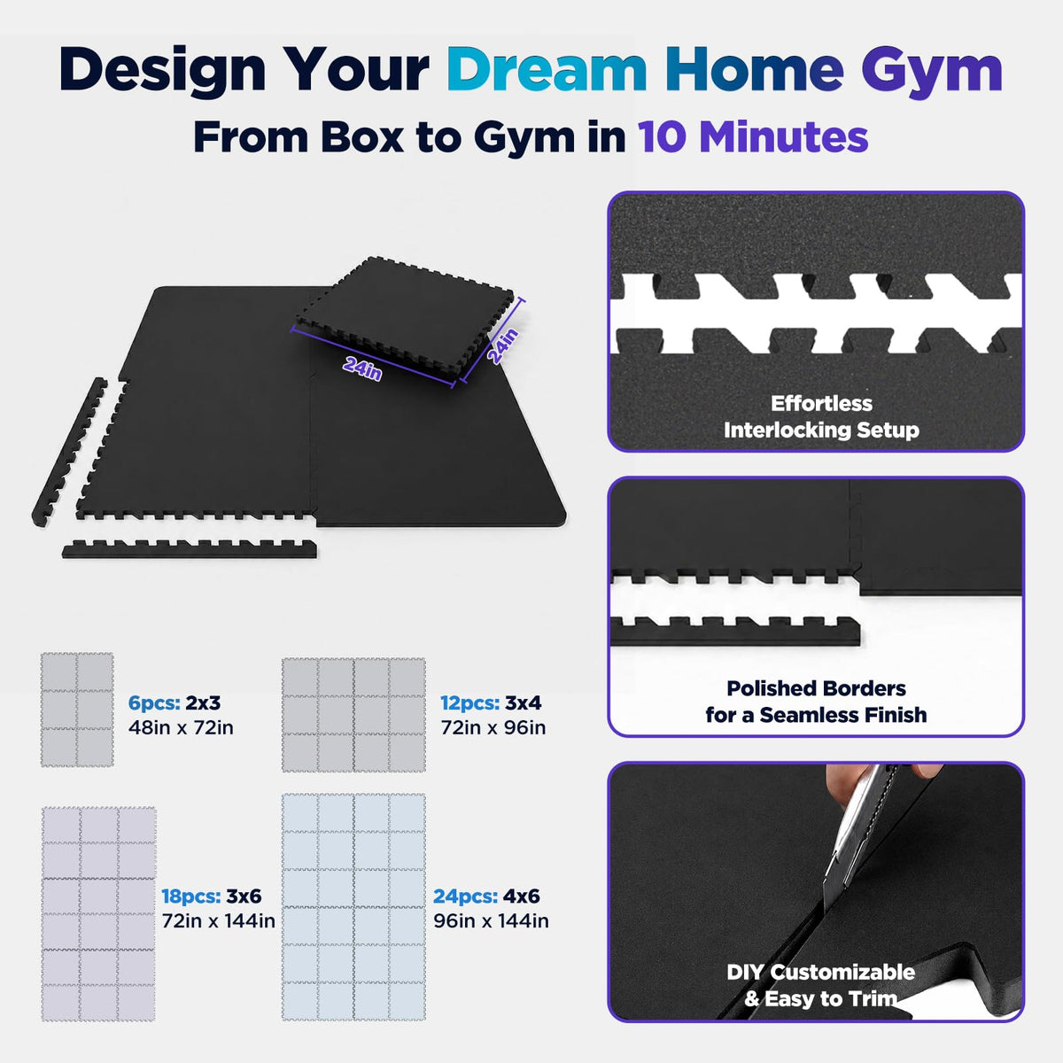 1'' Thick 48 Sq Ft Protective Gym Flooring for Home Gym, 12 Tiles Extra-Thick Rubber Top with High Density EVA Foam, Interlocking Exercise Equipment Mats, Heavy Weight Workout, Black & White