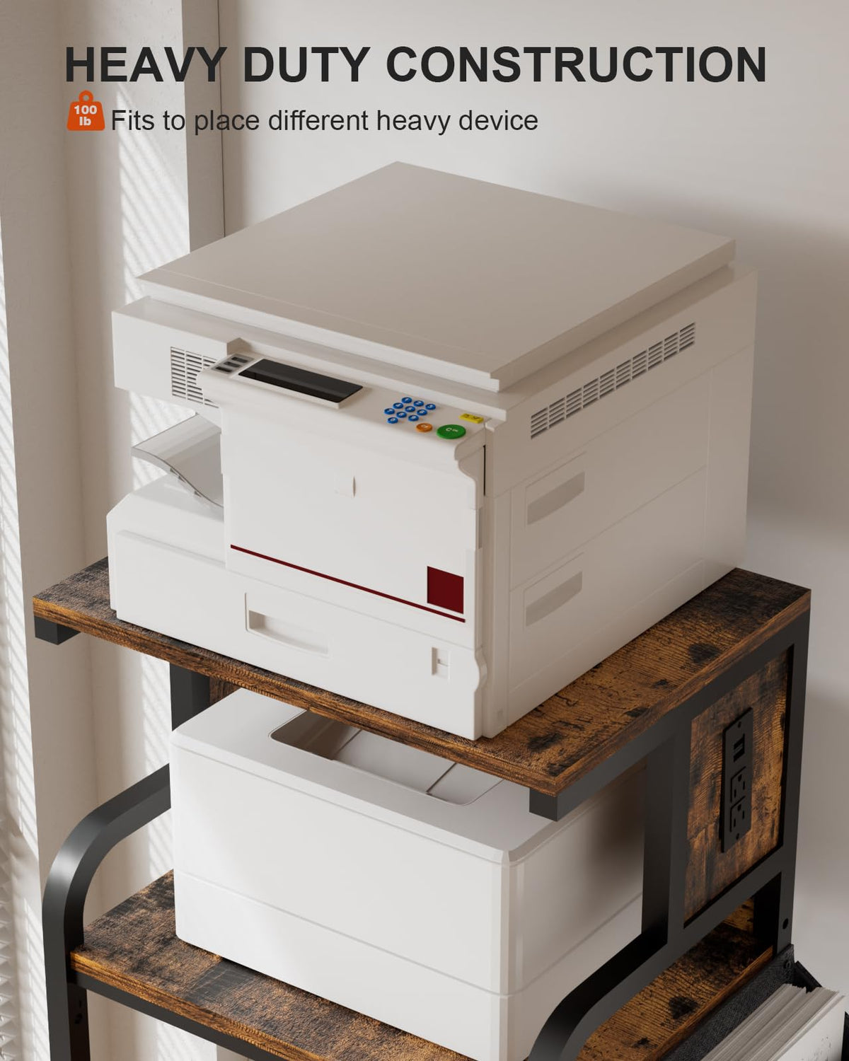 Tall Printer Stand with Charging Station, 4-Tier Mobile Cart, White