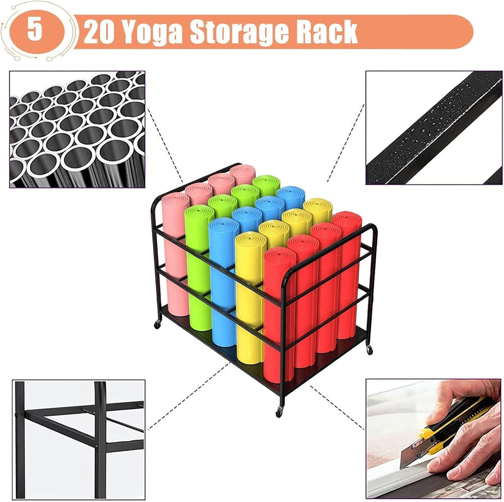 Yoga Mat Storage Rack with Wheels Large Capacity Yoga Mat Basket Organizer Holder for Home Gym Studio Breathable Woven Basket Holds 20 Mats Foam Rollers Ideal for Yoga Instructors Fitness Enthusiasts