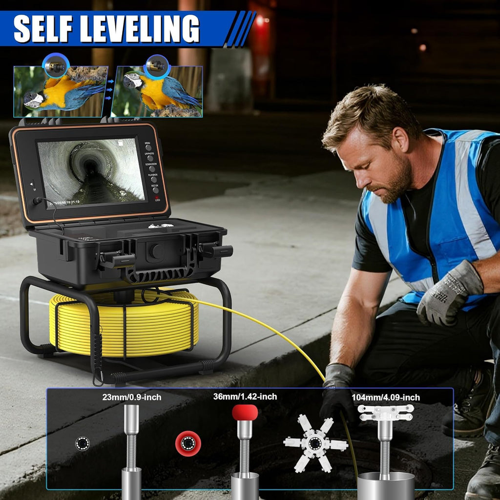 Powerwill Drain Camera with Self-Leveling, 165 ft / 50 m Sewer Pipe Inspection System, 9-Inch 1080P IPS Monitor, IP68-Rated Camera Head, 5 mm Push Cable with Meter Marking, DVR, 5X Zoom, 32GB Card