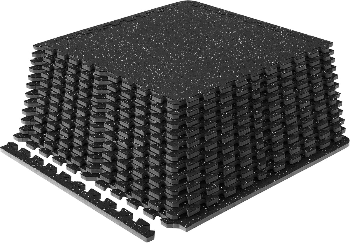 VEVOR 0.56Inch 48sq.ft 12 Tiles Gym Flooring for Home Gym, Rubber Top with High Density EVA Foam, 25 x 25In Gym Floor Exercise Equipment Mats, Interlocking Gym Mats, Puzzle Workout Mats, Black & Gray