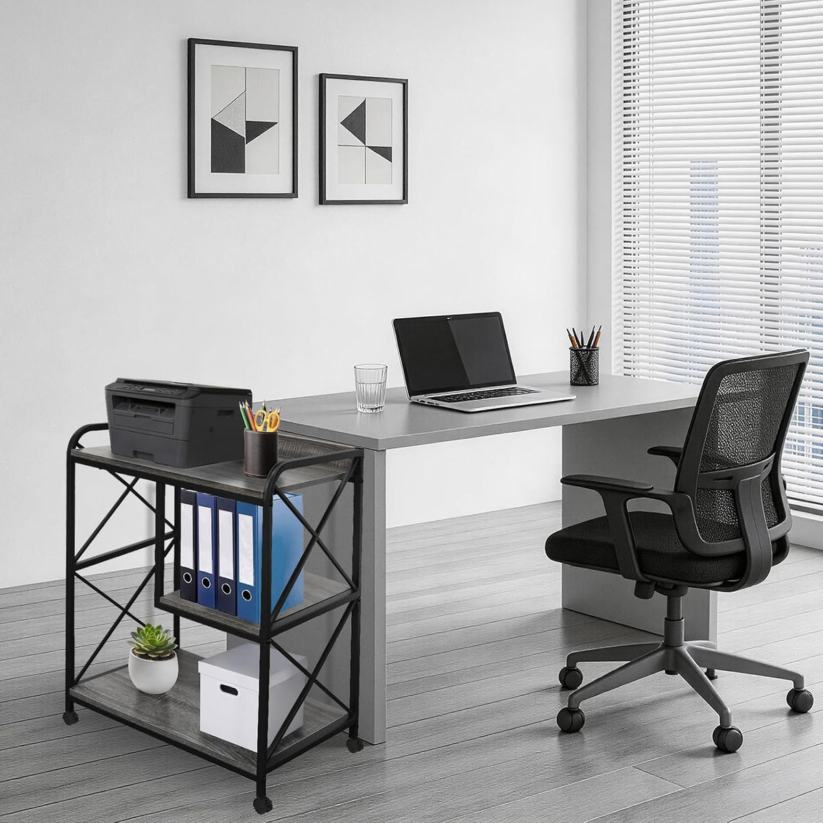Printer Stand with Storage Shelf, Large Printer Table with Wheels for Home Office, 23 x 18 Inch Printer Shelf with Power Outlet USB Port, Computer Tower Stand, Grey