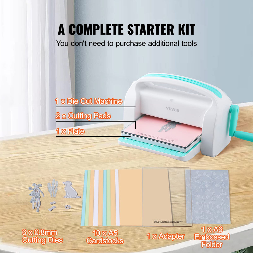 VEVOR Manual Die Cutting and Embossing Machine, 9" Opening, Portable Die Cut Machine Set with Cutting Dies, Embossing Folders, Paper Sheets, Cutting Plates, for Scrapbooking, Card Making, Crafting