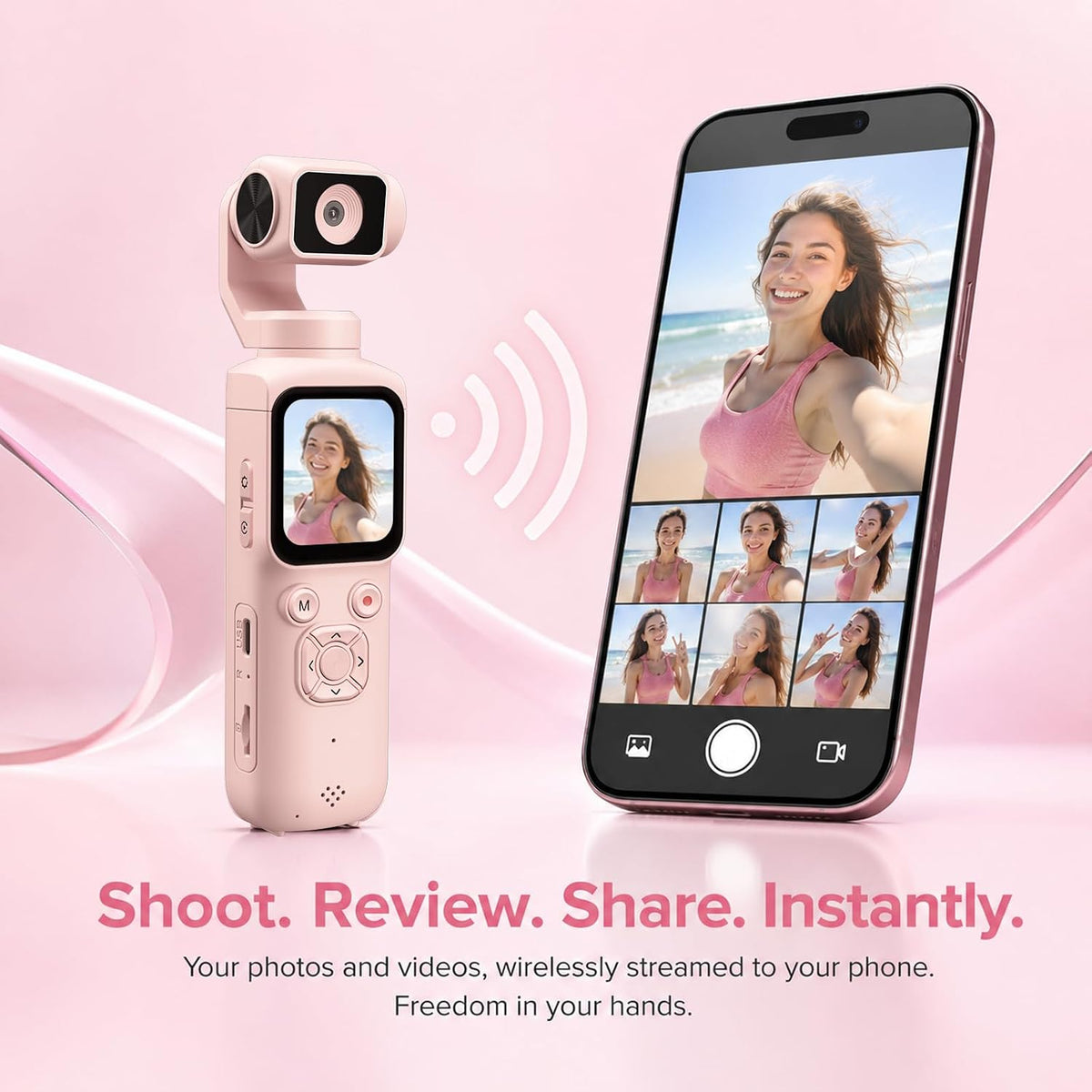 4K Pocket Vlogging Camera with 330Â° Rotating Lens, Face Tracking - Pink