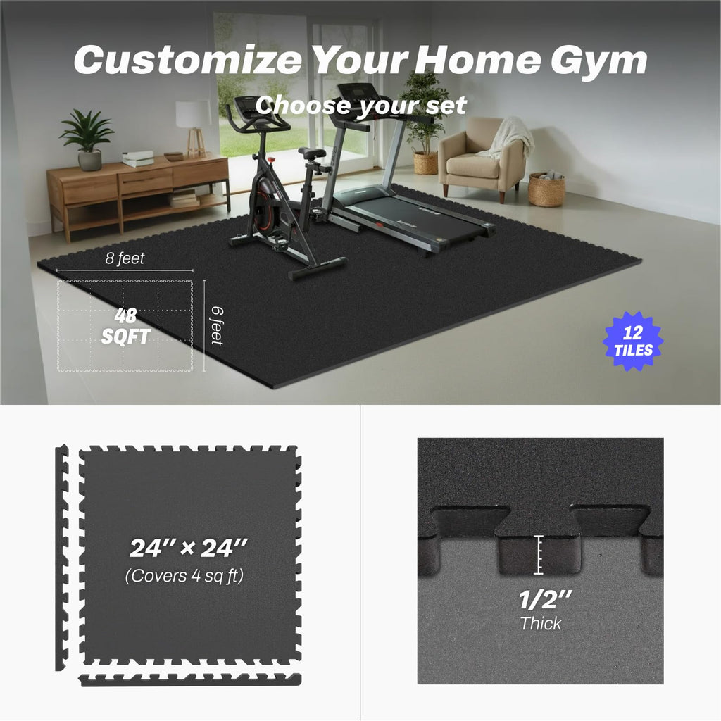 AIRHOP 1/2" Thick 48 Sq Ft Gym Flooring for Home Gym, Rubber Top Gym Mats