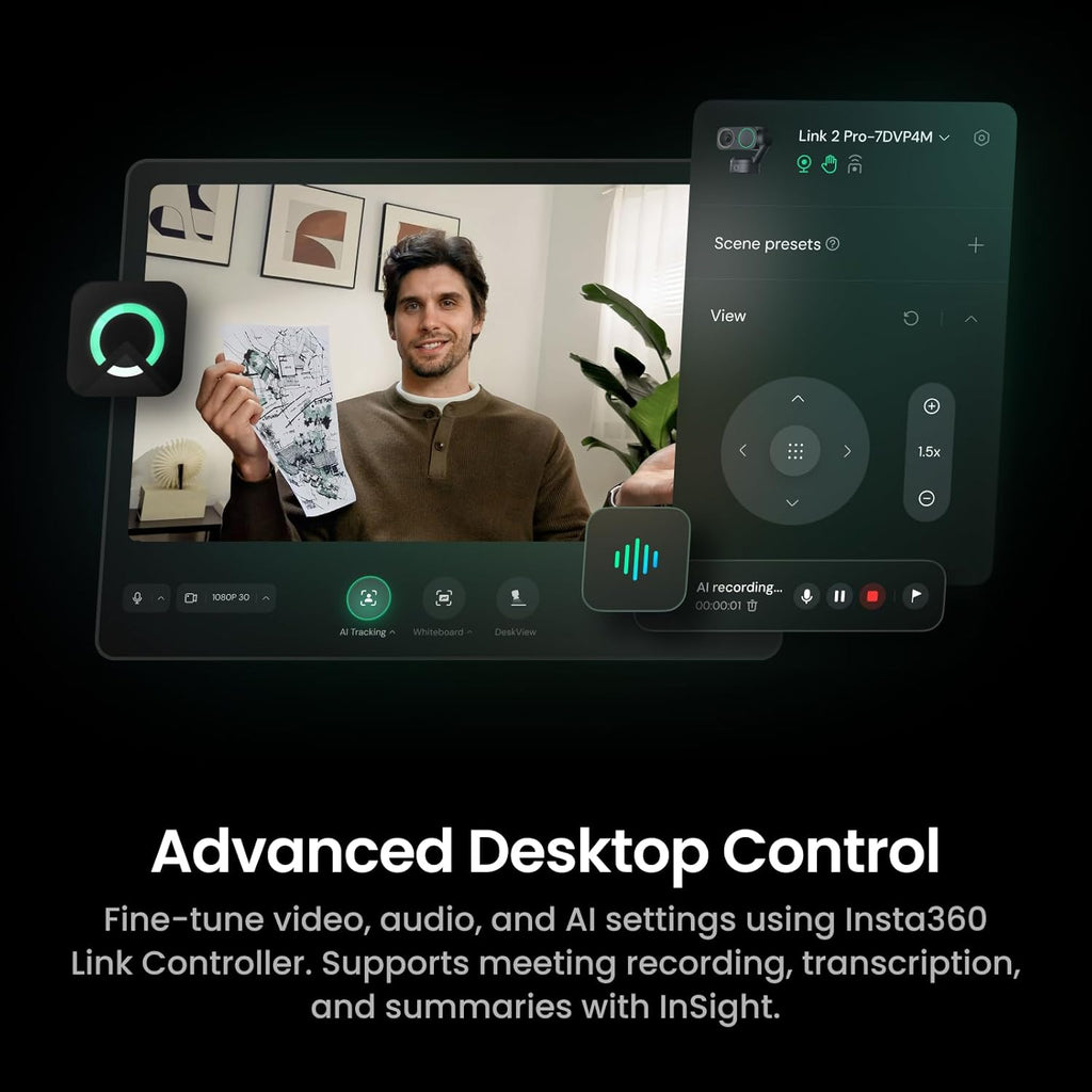 Insta360 Link 2 Pro â 4K PTZ Webcam for PC/Mac, 1/1.3â Sensor, Low-Light, AI Tracking, HDR, Directional Noise-Canceling Mics, Supports Stream Deck, Zoom, Teams, Twitch for Streaming or Meetings
