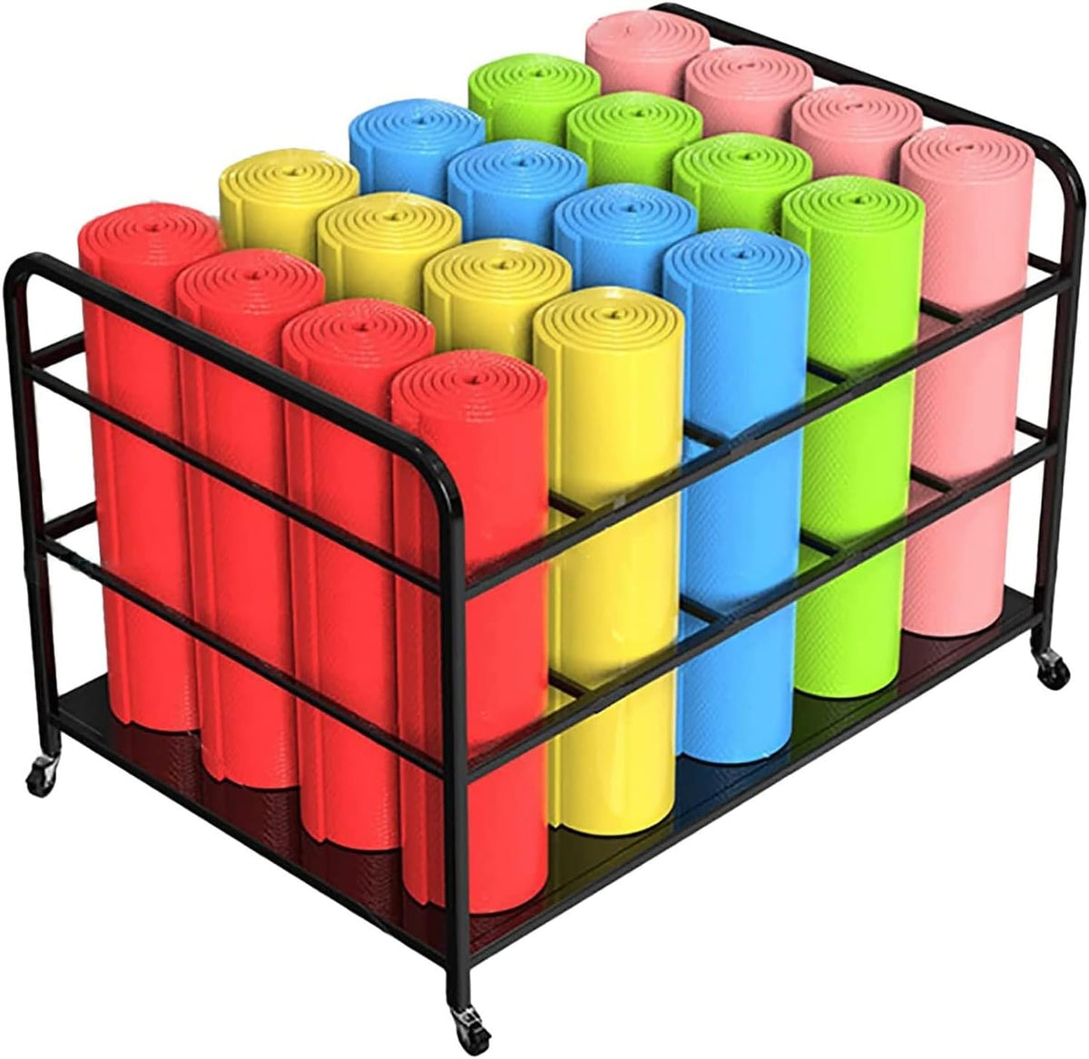 Yoga Mat Holder,Large Yoga Mat Storage Cart On Wheels, Metal Holder for 20 Exercise Mats, Foam Rollers Organizer, Perfect for Gym & Yoga Studio - Black Finish,Black