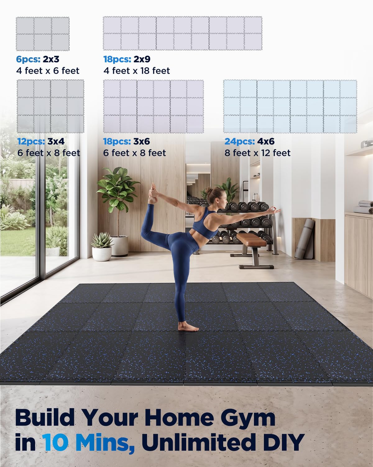 0.6" Thicker 12 Pcs Rubber Top Gym Flooring for Home Gym, Gym Mat