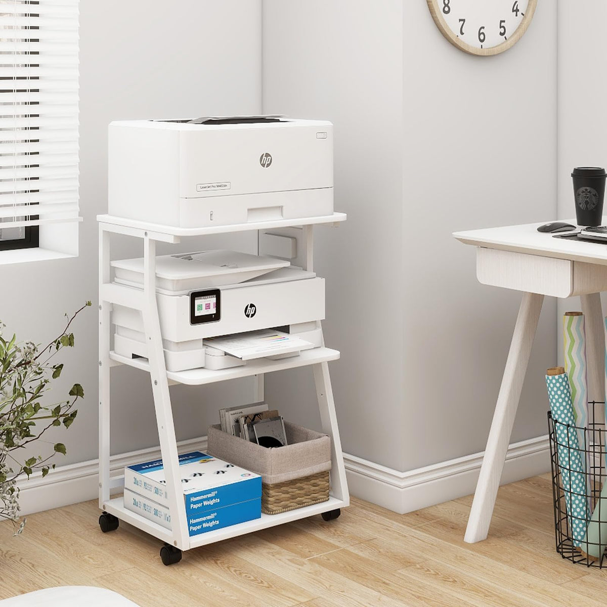 Natwind 3 Tier Large Printer Stand, 24"x20", with Charging Station,White