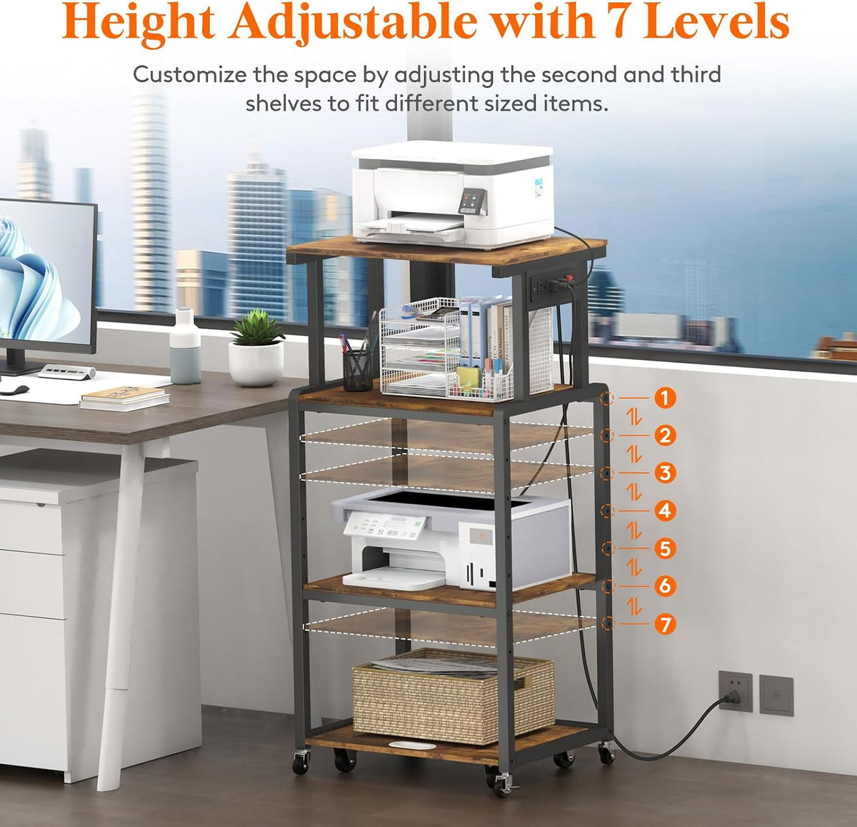 Lifewit 4 Tier Printer Stand with Power & Wheels, Office Cart, Rustic Brown