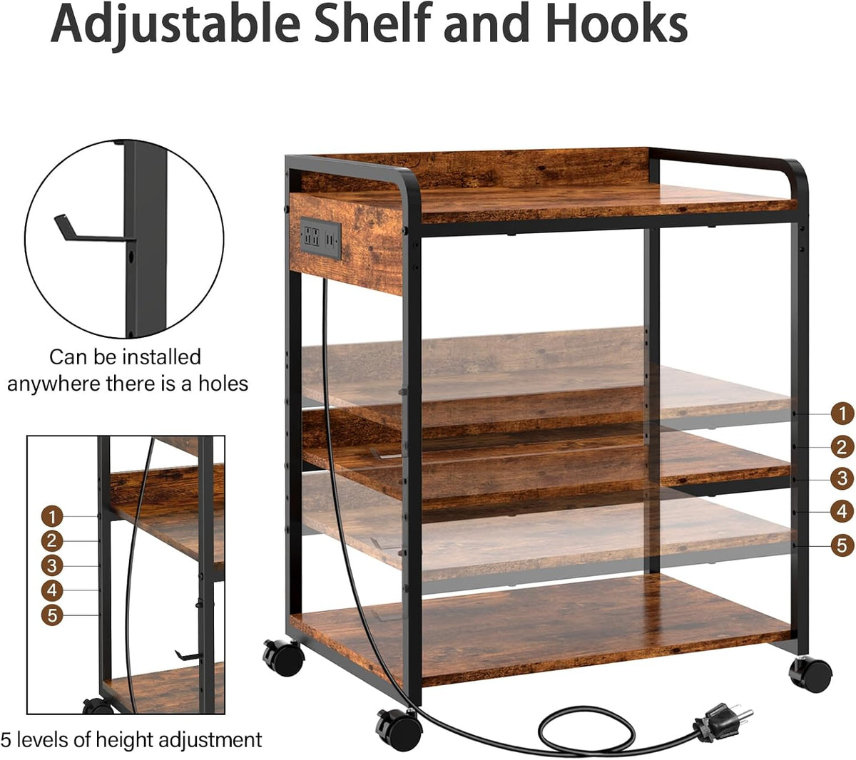3-Tier Large Printer Stand with Power Outlet and Adjustable Storage Shelf