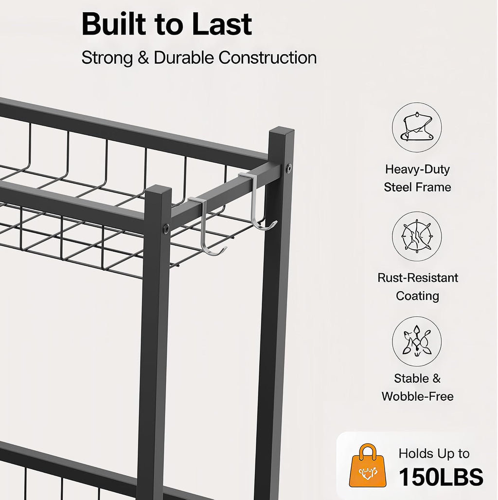 Ball Storage Rack Garage Sports Equipment Organizer with Hooks,Black