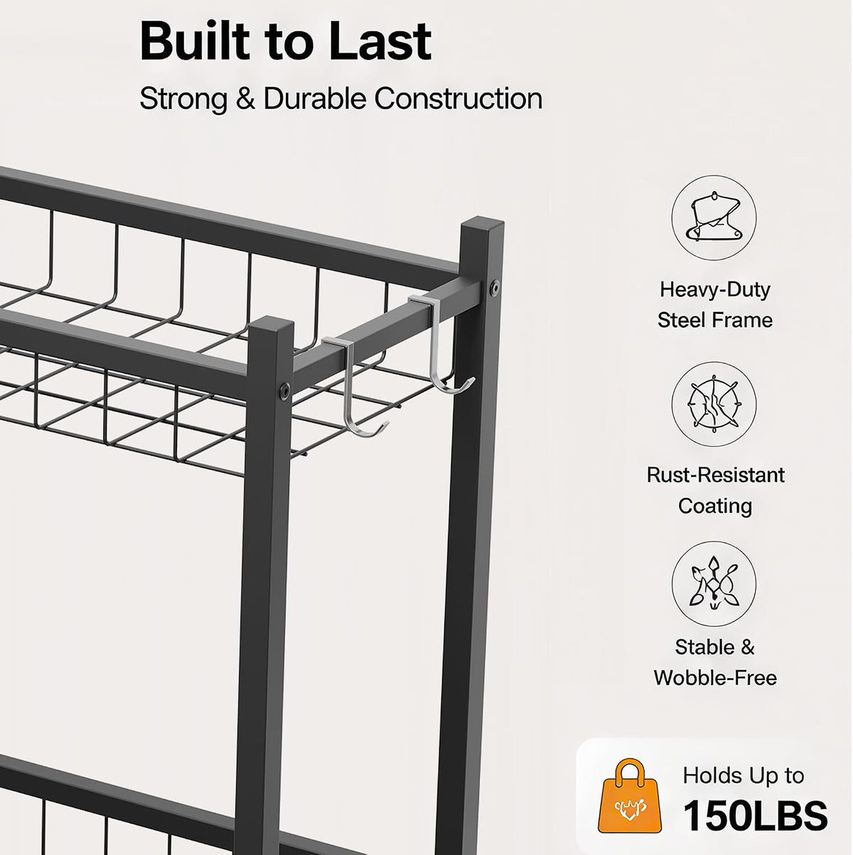 Ball Storage Rack Garage Sports Equipment Organizer with Hooks,Black