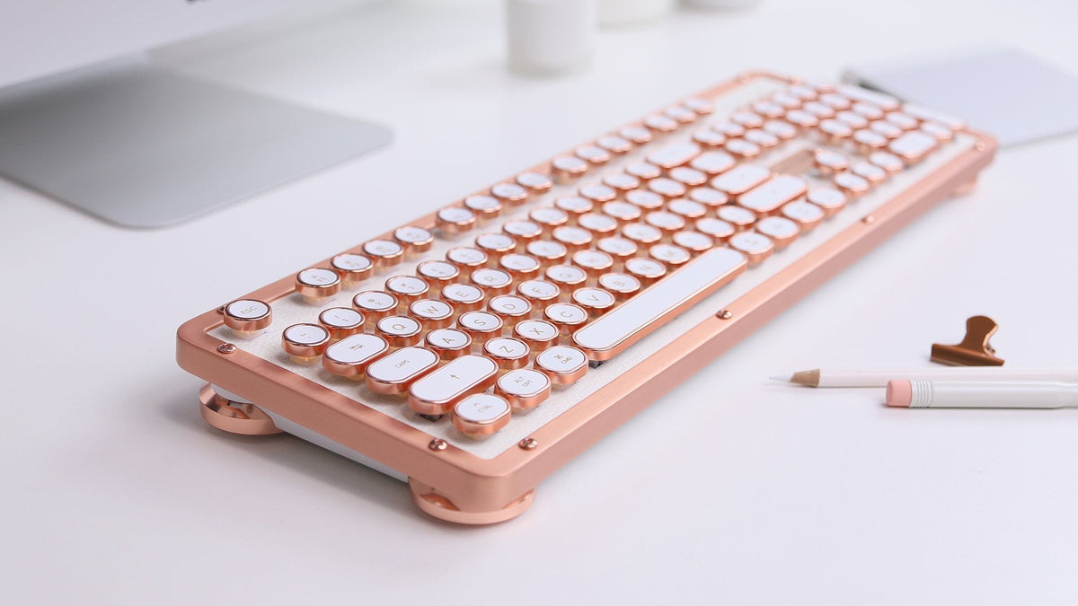 Azio Retro Classic Bluetooth Elwood - Bluetooth Luxury Vintage Backlit Mechanical Keyboard (Blue Switch, Walnut Wood, Gunmetal Matte Frame)(MK-RETRO-W-BT-01-US)
