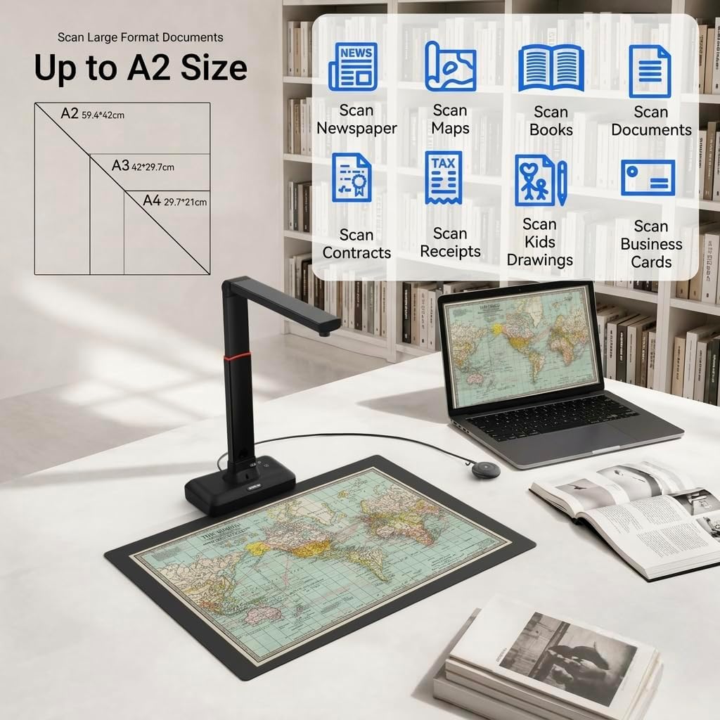 Book Scanner & Document Scanner, 26 MP Super Large Format A3-A2 Document Camera with Auto-Flatten & Fingerprint Removal, 600 DPI OCR, AI-Powered Gemini Integration, Lightweight Foldable, for Win/Mac