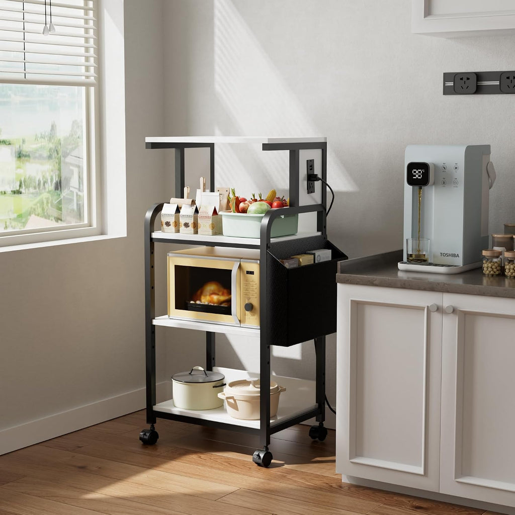 Tall Printer Stand with Charging Station, 4-Tier Mobile Cart, White