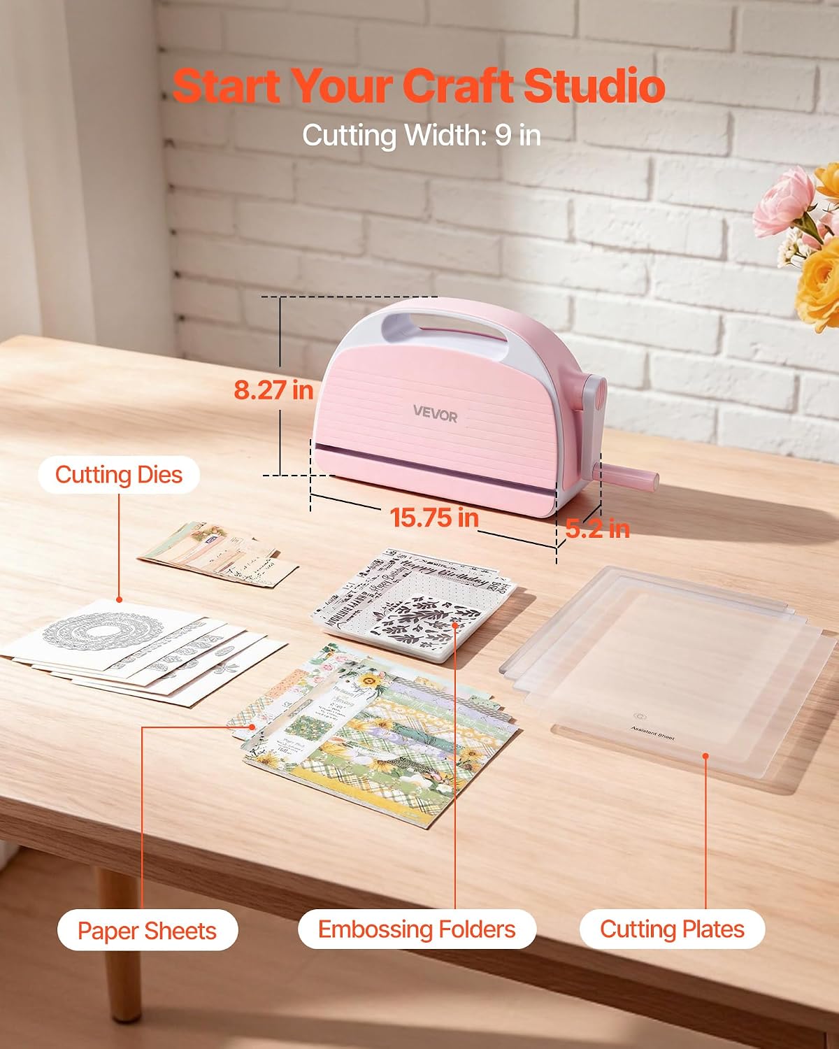 VEVOR Manual Die Cutting and Embossing Machine, 9" Opening, Portable Die Cut Machine Set with Cutting Dies, Embossing Folders, Paper Sheets, Cutting Plates, for Scrapbooking, Card Making, Crafting