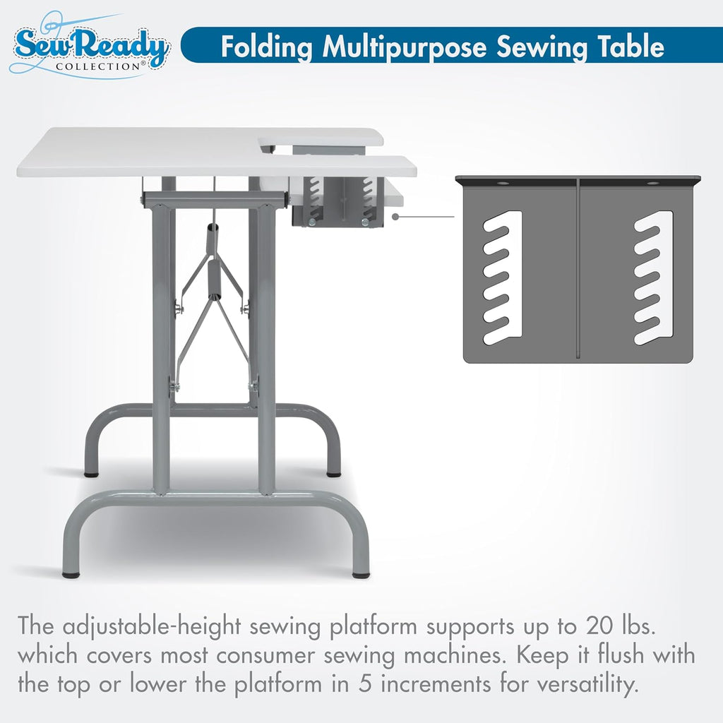 Sew Ready Folding Multipurpose Sewing Table - 47.5" W x 28" D Foldable White Hobby and Sewing Machine Table with Adjustable Shelf - Can Also Be Used as Computer Desk
