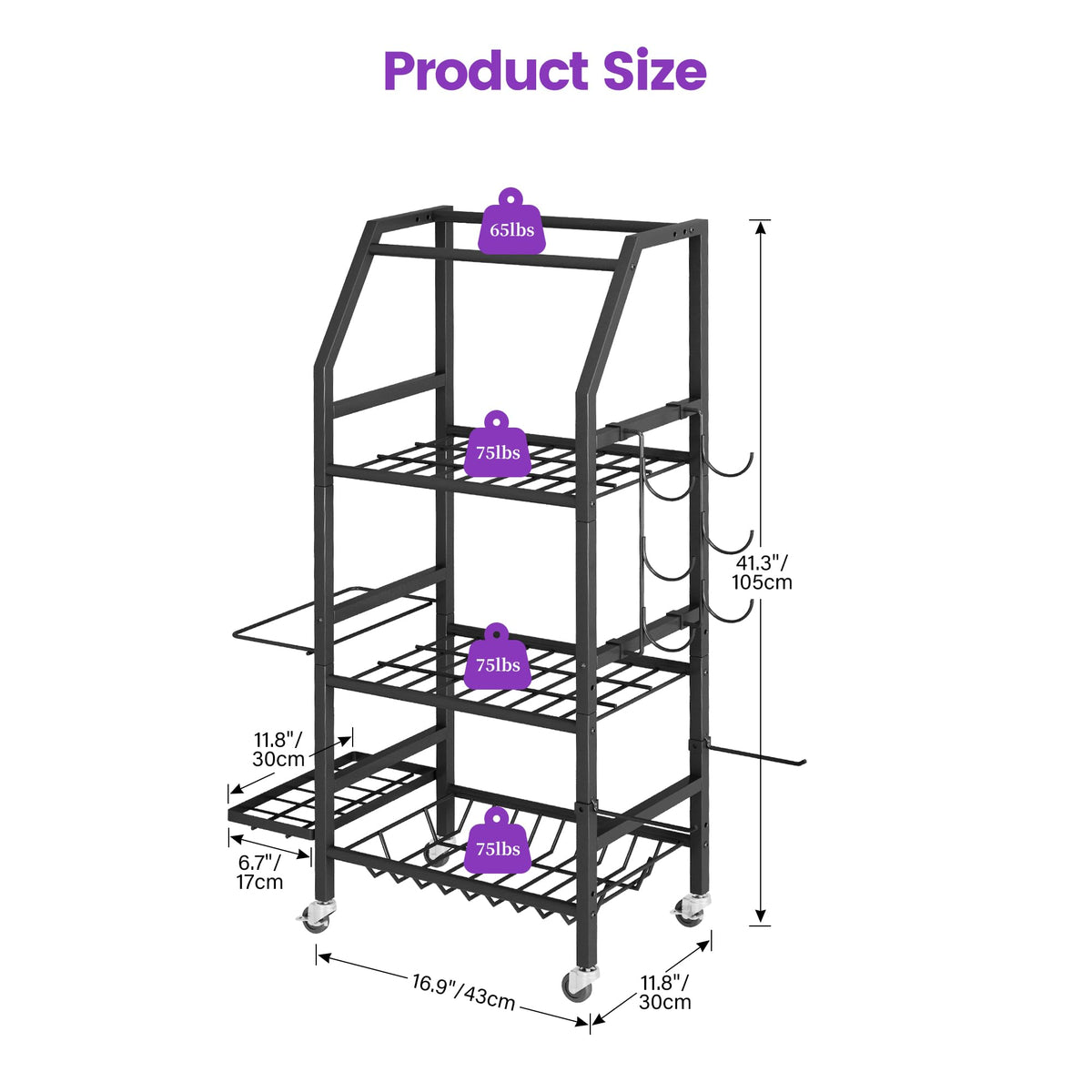 Homeiju Dumbbell Rack, Weight Rack for Home Gym, Yoga Mat Storage Holder with Lockable Wheels, Dumbbell Stand with Hooks, All in One Work out Equipment Storage for Yoga Mat Dumbbell and Balls