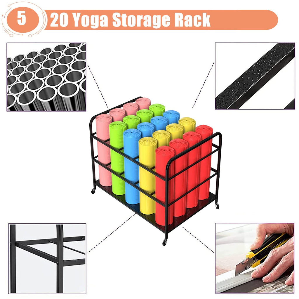 Yoga Mat Holder,Large Yoga Mat Storage Cart On Wheels, Metal Holder for 20 Exercise Mats, Foam Rollers Organizer, Perfect for Gym & Yoga Studio - Black Finish,Black