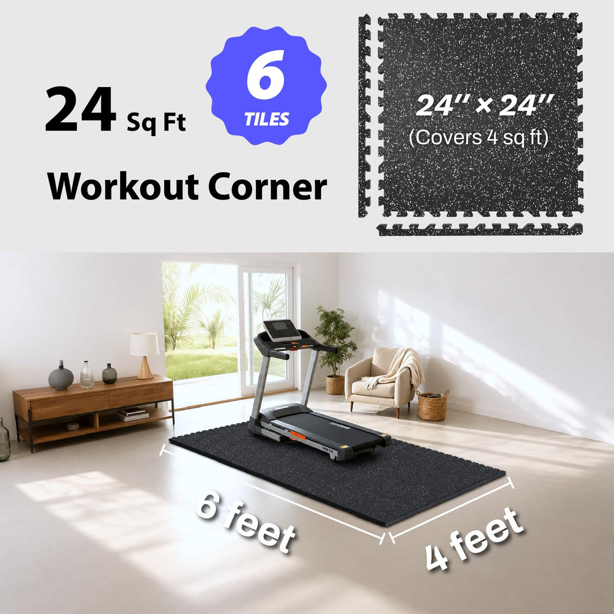 AIRHOP 1'' Ultra-Thick 48 Sq Ft Rubber Top Gym Flooring for Home Gym, 12 Tiles High Density EVA Foam Exercise Mats, Interlocking Puzzle Mats for Home Workout, Floor & Equipment Protection, Black/White