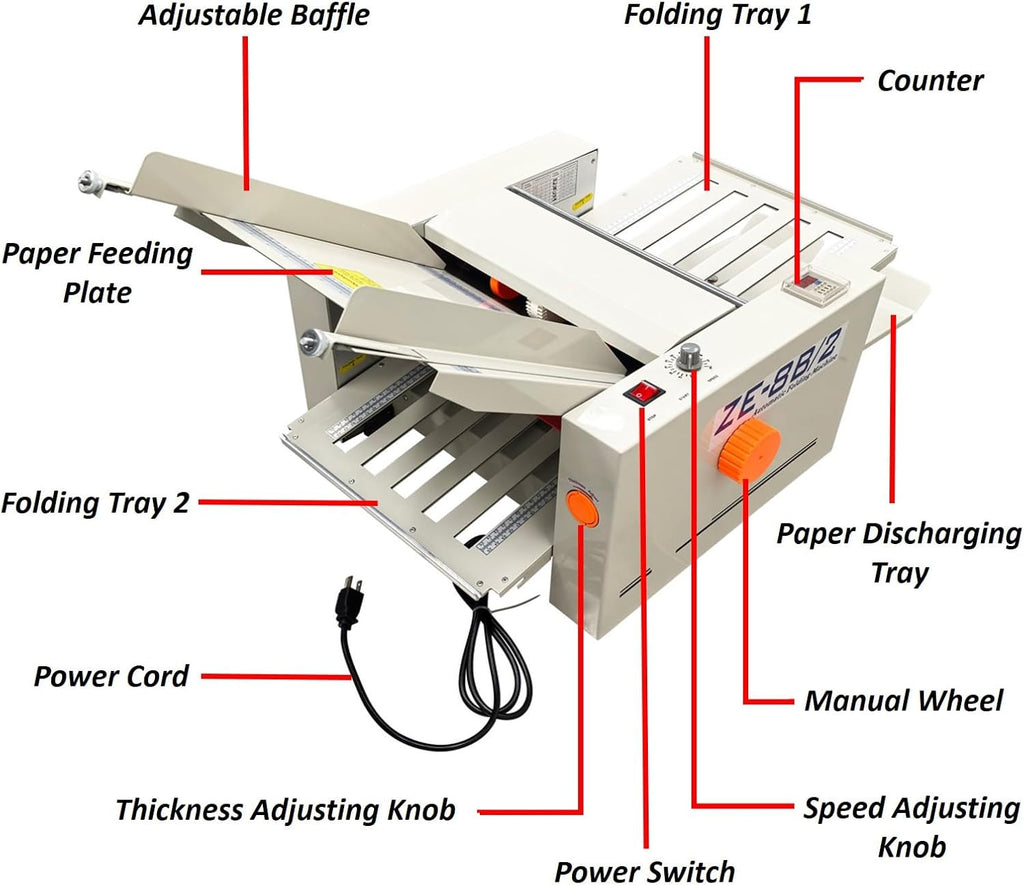 WYDDDARY Automatic Paper Folding Machine with 2 Folding Trays Fold Sizes 2x3in to 12x27in Small Horizontal Origami Machine Max Speed 262ft/min for Manuals Document Letters Commercial Cards 110V 70W