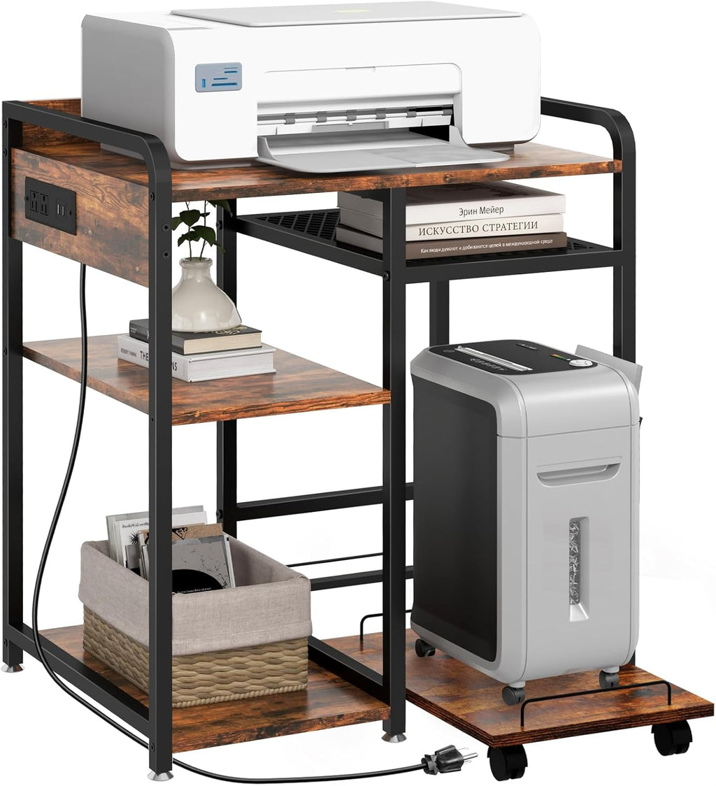 3-Tier Printer Stand with Storage Shelf and Power Outlet for Home Office